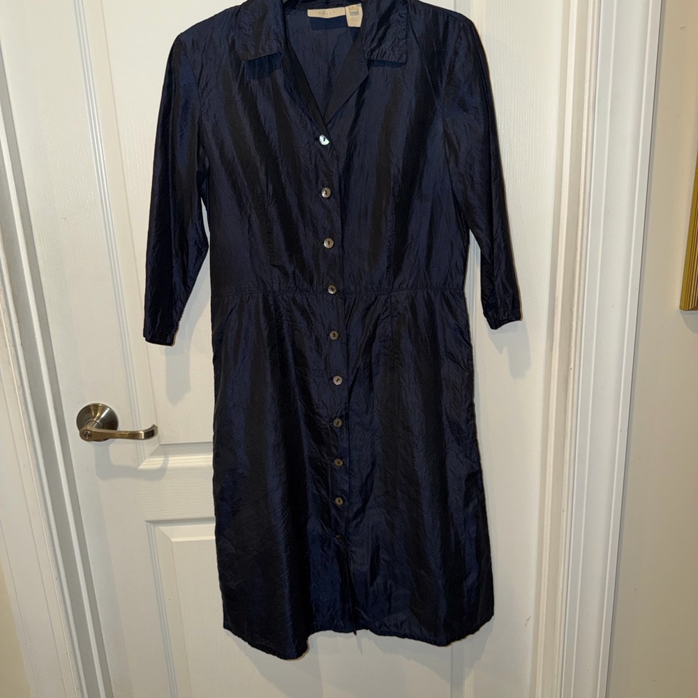 J. Jill Navy Button-Front Silk Midi Shirt Dress
